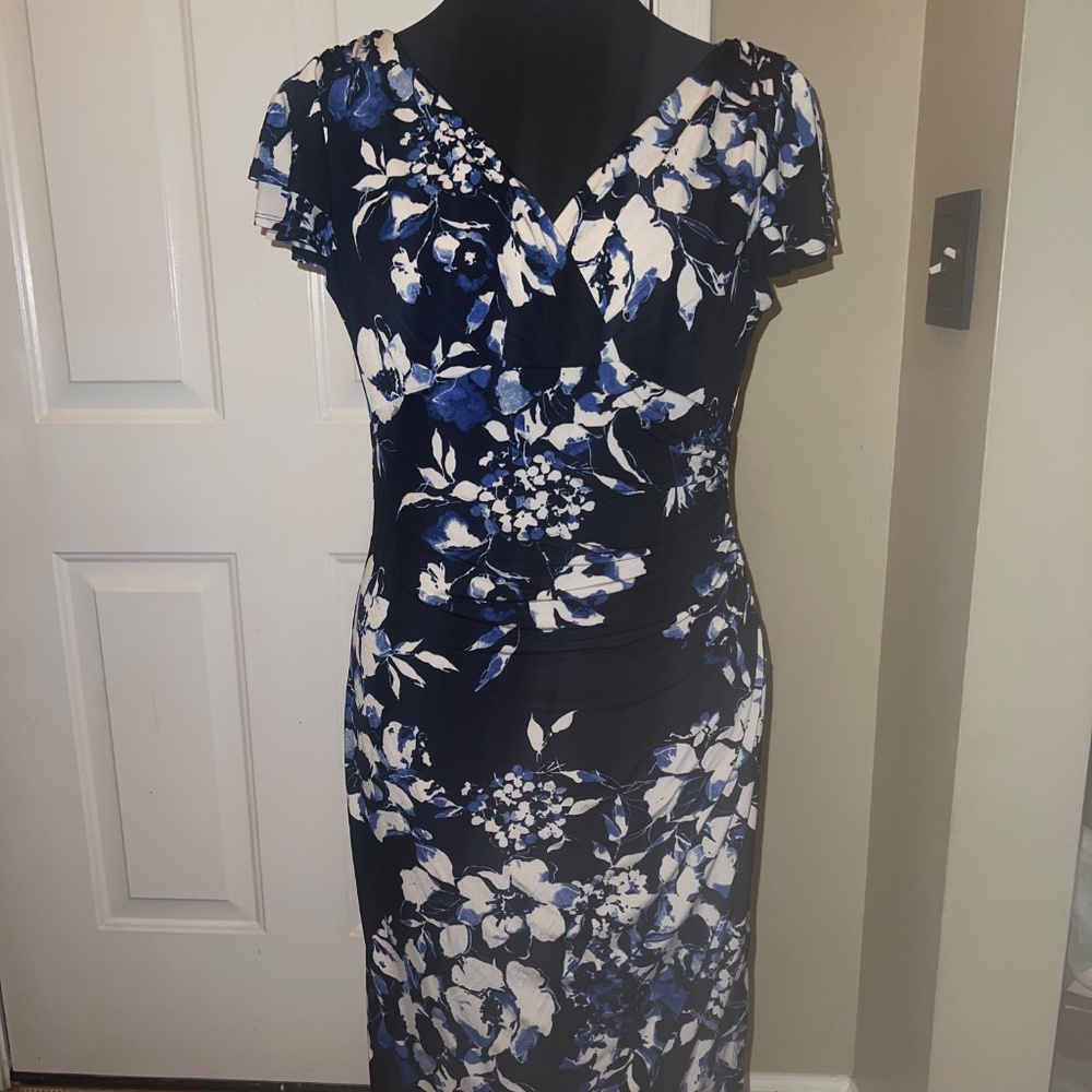 LAUREN Ralph Lauren Women's Blue White Floral Cap Sleeve MockWrap Style Dress